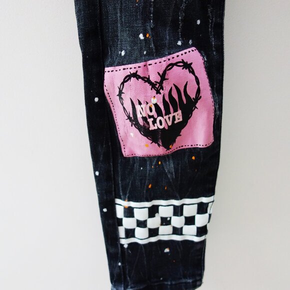 THRT Streetwear Graphic Paint Splatter Skinny Distressed Y2K Denim Jeans(30) - Picture 8 of 12